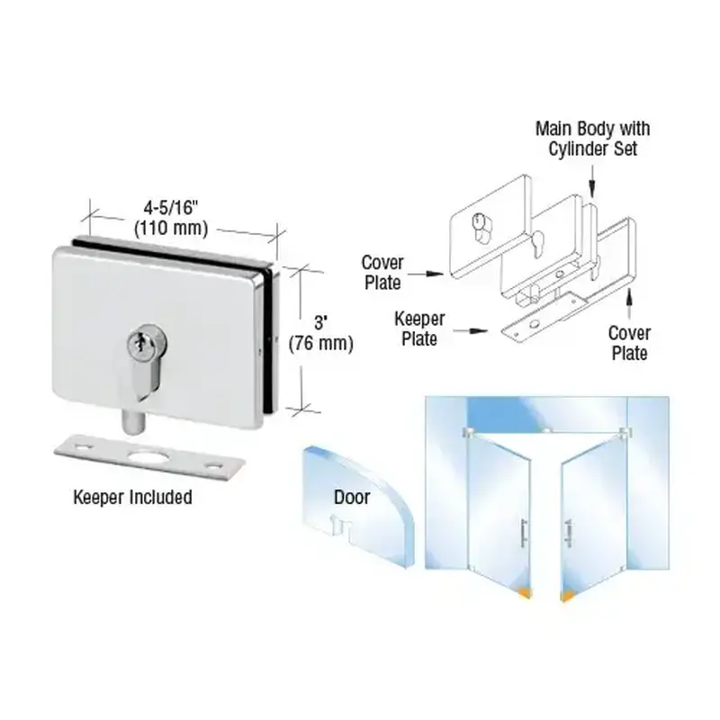 CRL EUR680PS Polished Stainless European EUR Series Glass Mounted Patch Lock With Keeper Plate