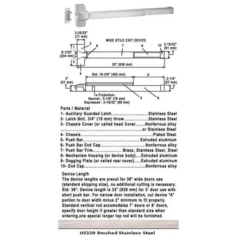 International Door Closers 8610S/8810S-US32D-36 Grade 1 Push Bar Rim Panic Exit Device US32D Finish 36" Satin Stainless Steel