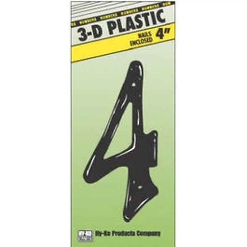 Address Numbers, "4", Black Plastic, Nail-In, 4-In.