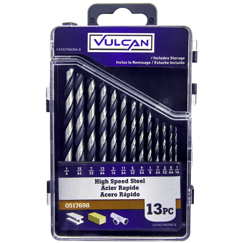 Vulcan Plastic Case Drill Bit Set, 13-Piece, High-Speed Steel, Black Oxide/Polished
