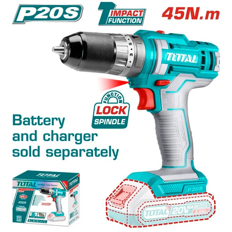 TOTAL Lithium-Ion Impact Drill 20V / 45Nm (TIDLI201455)
