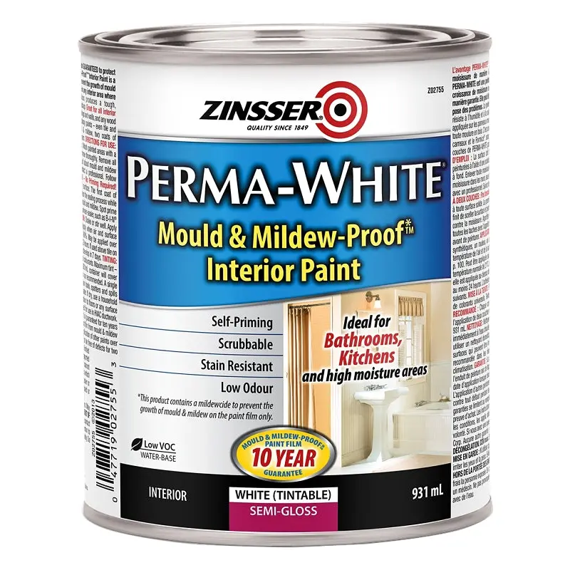 Zinsser PERMA-WHITE Z02755 Kitchen and Bath Paint, Semi-Gloss, White, 931 mL, Can, Water
