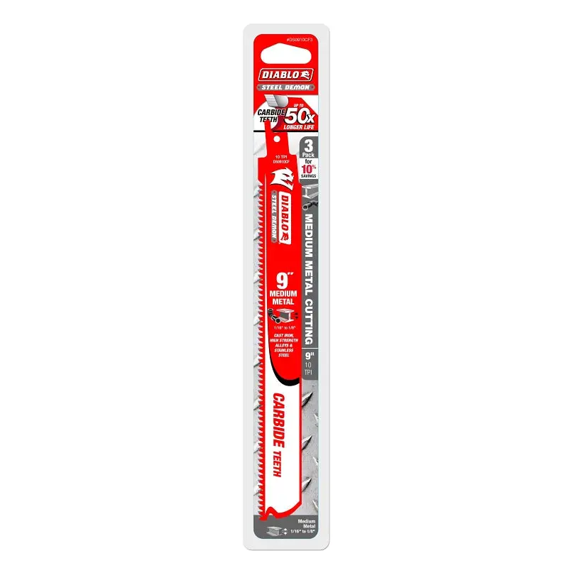 Diablo DS0910CF3 Reciprocating Saw Blade, 9 in L, 10 TPI, Carbide Cutting Edge, 3/PK