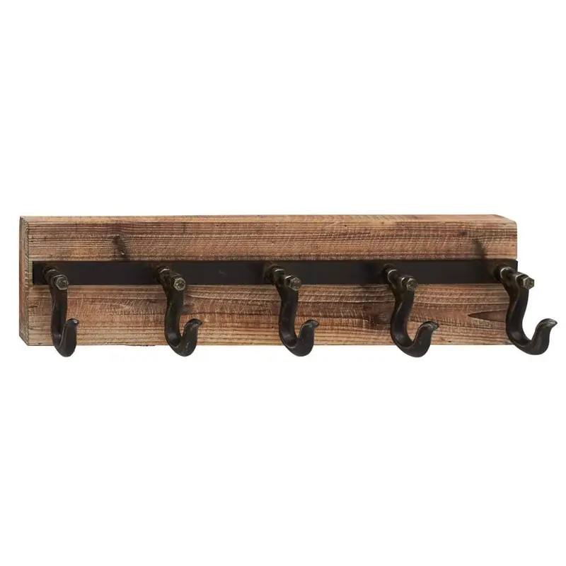 24 in. x 6 in. Industrial Black Iron and Reclaimed Wood Wall Hook Rack w/ 5 Hooks