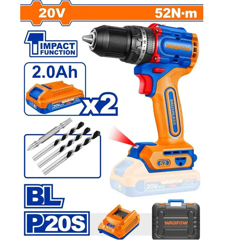 WADFOW WCDP521 20V Cordless Drill with Two 2Ah Batteries