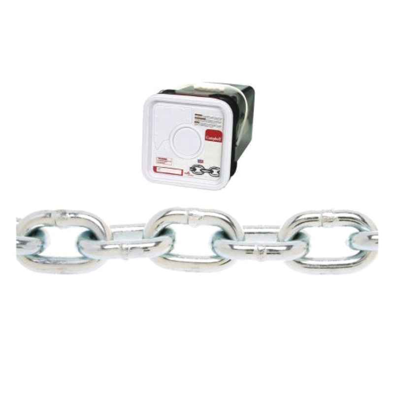 CAMPBELL 0143526 Proof Coil Chain, 5/16 in Trade, 75 ft L, 1900 lb Load, 30 Grade, Carbon Steel, Zinc-Plated