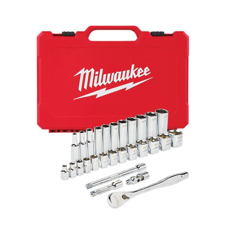 Milwaukee 48-22-9408 Ratchet and Socket Set, 3/8 in Drive, System of Measurement: Imperial, 28 -Piece